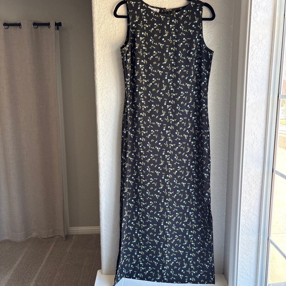 Style & Co Floral Maxi Dress 6 Vintage 90s Y2K Sleeveless Black Side Slit Crepe